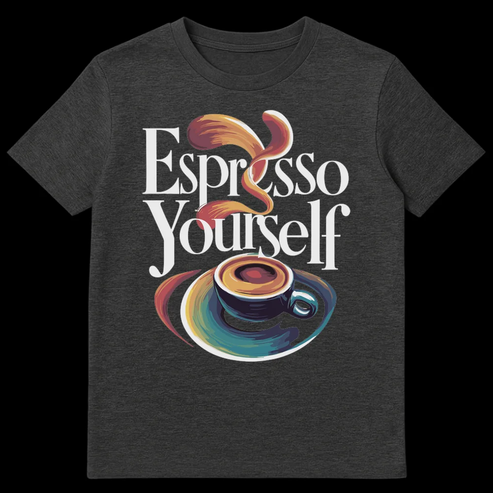 Espresso Yourself Coffee Lover Pun T-shirt with stylized colorful coffee cup and swirling steam on Dark Heather t-shirt