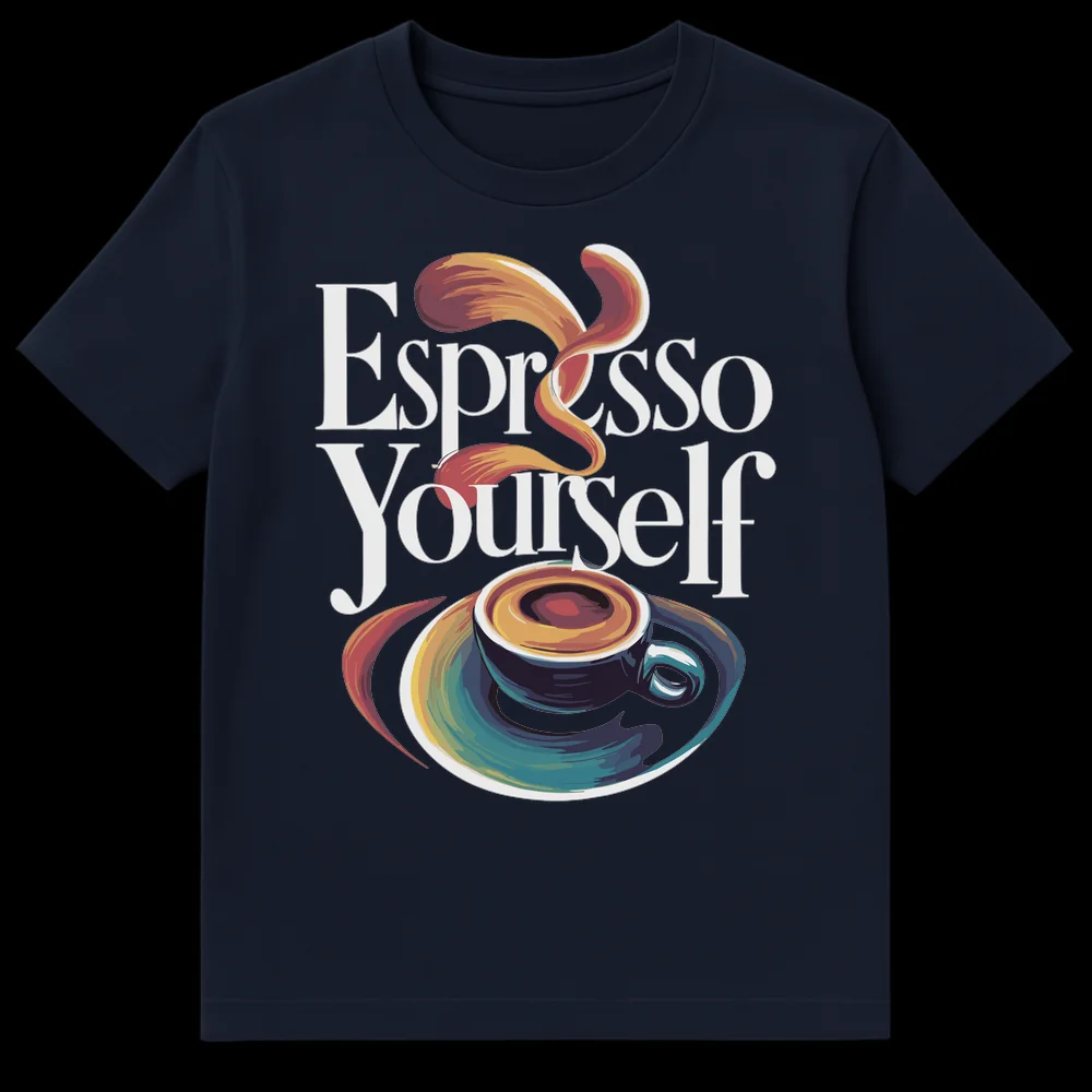 Espresso Yourself Coffee Lover Pun T-shirt with stylized colorful coffee cup and swirling steam on Navy Blue t-shirt
