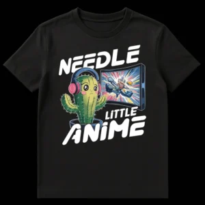 Cute Kawaii cactus wearing headphones watching anime on a monitor with 'NEEDLE LITTLE ANIME' text on a black t-shirt on Black t-shirt