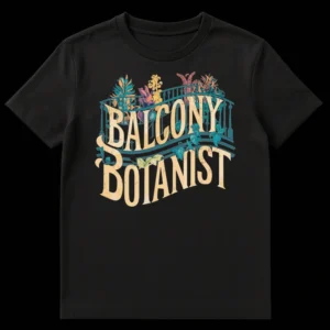 Balcony Botanist vintage botanical illustration t-shirt with plants and elegant text on a black background on Black t-shirt