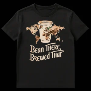 Bean There Brewed That Coffee Pun T-Shirt with World Map Coffee Cup and Beans on Black t-shirt