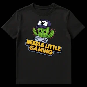 Cartoon cactus in a cap holding a game controller with 'Needle Little Gaming' text on a black t-shirt. on Black t-shirt