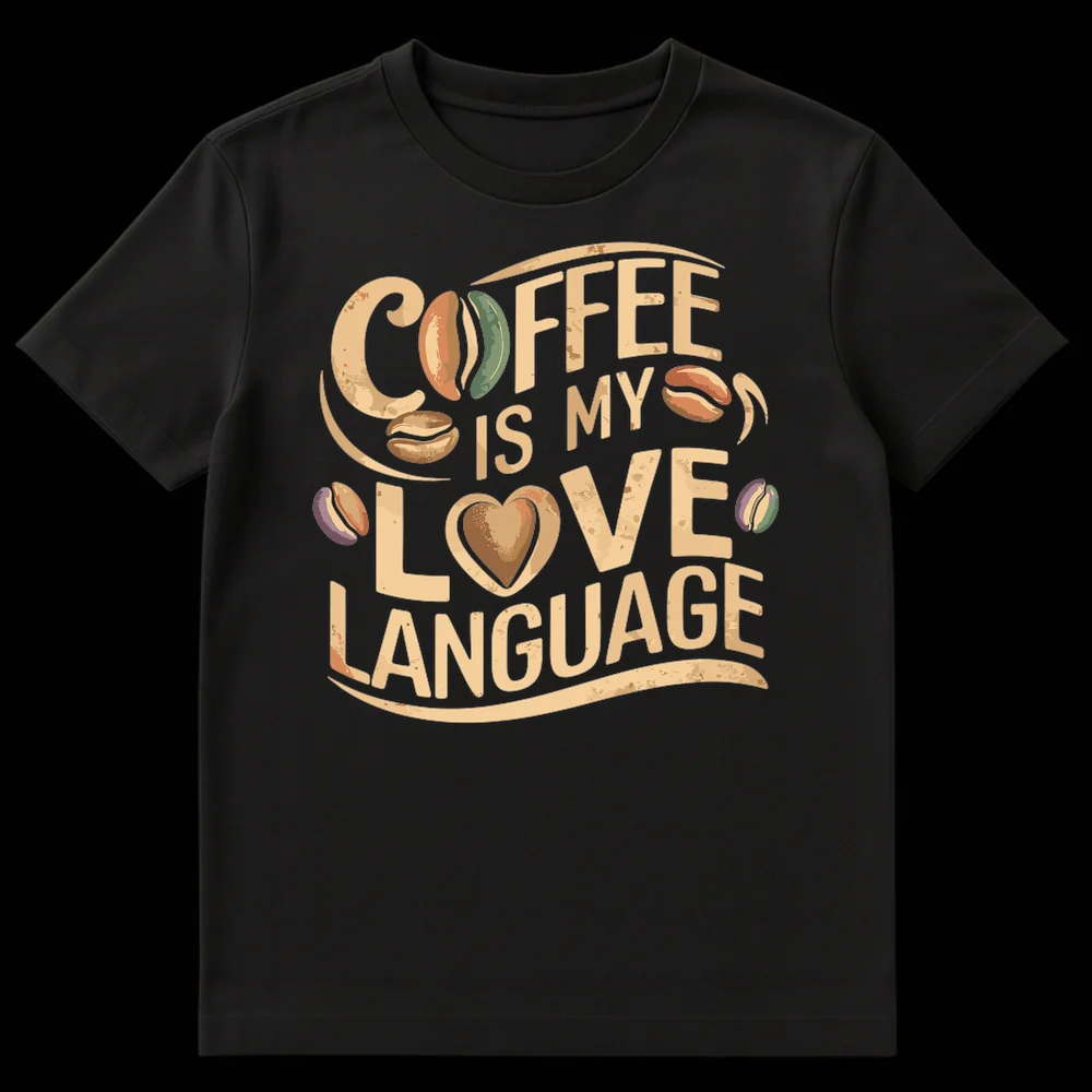 Coffee Is My Love Language vintage distressed t-shirt with coffee beans and heart on a black background on Black t-shirt
