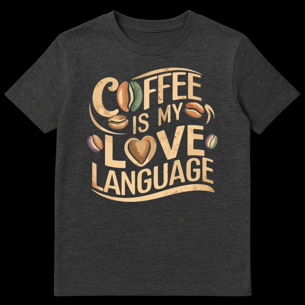 Coffee Is My Love Language vintage distressed t-shirt with coffee beans and heart on a black background on Dark Heather t-shirt