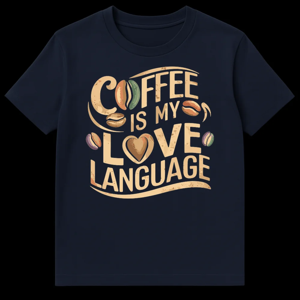 Coffee Is My Love Language vintage distressed t-shirt with coffee beans and heart on a black background on Navy Blue t-shirt