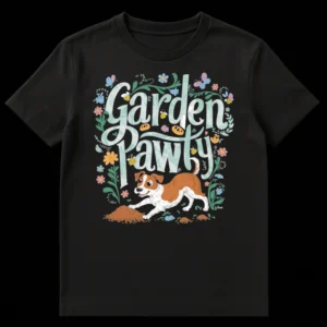 Garden Pawty T-Shirt with happy cartoon dog digging, flowers, bees, and butterflies on a black background. on Black t-shirt