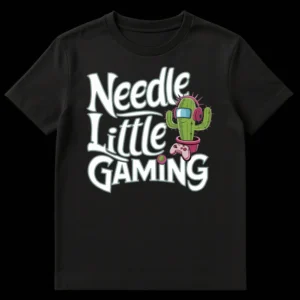 Cute cartoon cactus character with Among Us visor and headphones, holding a gaming controller, text 'Needle Little Gaming' on Black t-shirt