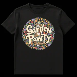 Garden Pawty t-shirt design with a cute cat in a party hat peeking from behind the text, surrounded by a vibrant floral wreath. on Black t-shirt