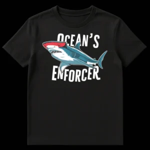 Ocean's Enforcer T-Shirt featuring a stylized great white shark with red bandana and sharp teeth, on a black background on Black t-shirt