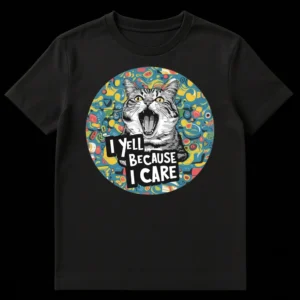 Humorous t-shirt design featuring a comic-style yelling tabby cat holding "I YELL BECAUSE I CARE" signs, against a vibrant abstract background. on Black t-shirt