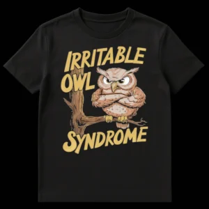 Grumpy owl with crossed arms and 'Irritable Owl Syndrome' text on a black t-shirt. on Black t-shirt