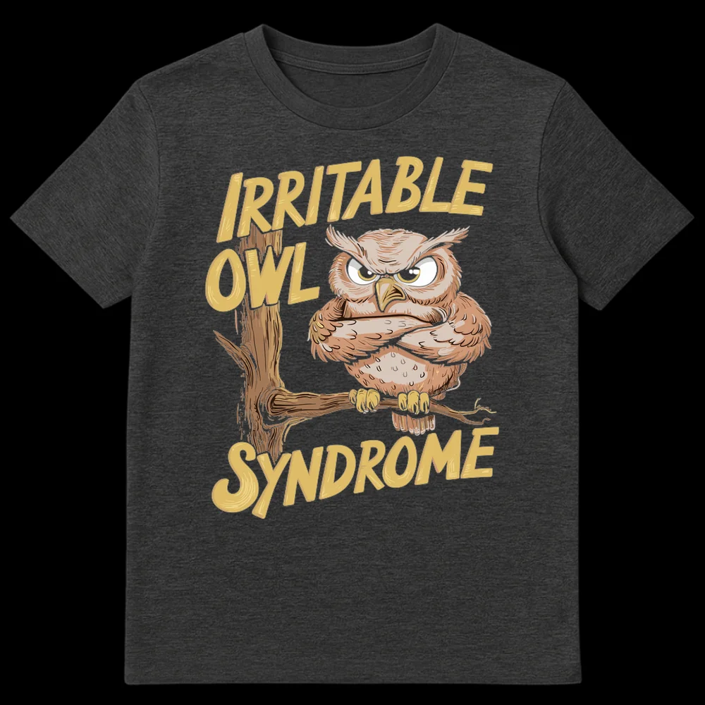 Grumpy owl with crossed arms and 'Irritable Owl Syndrome' text on a black t-shirt. on Dark Heather t-shirt
