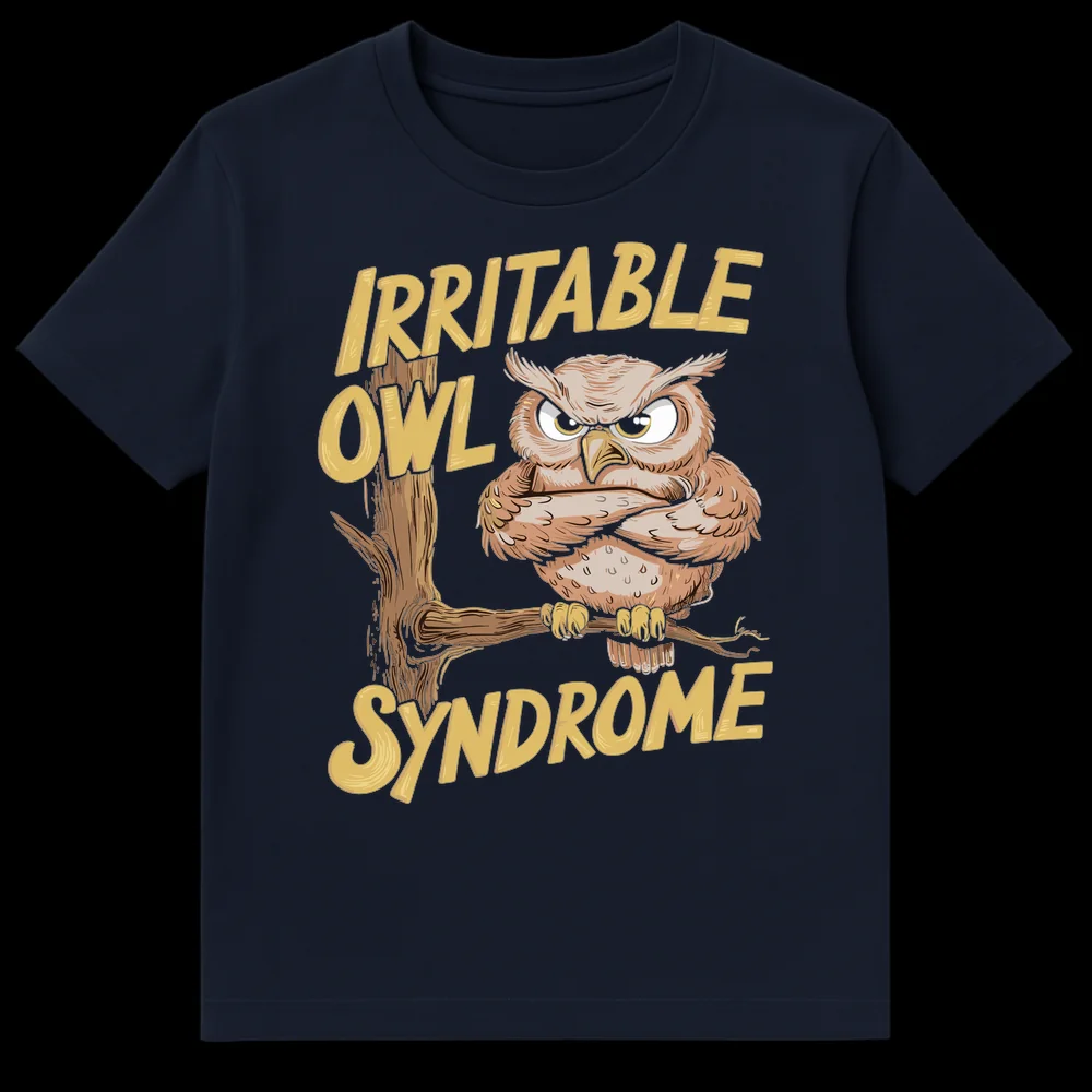 Grumpy owl with crossed arms and 'Irritable Owl Syndrome' text on a black t-shirt. on Navy Blue t-shirt