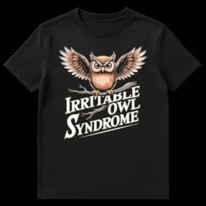 Irritable Owl Syndrome t-shirt with a detailed, vintage-style grumpy owl on a branch and white text with a gold shadow on a black background on Black t-shirt