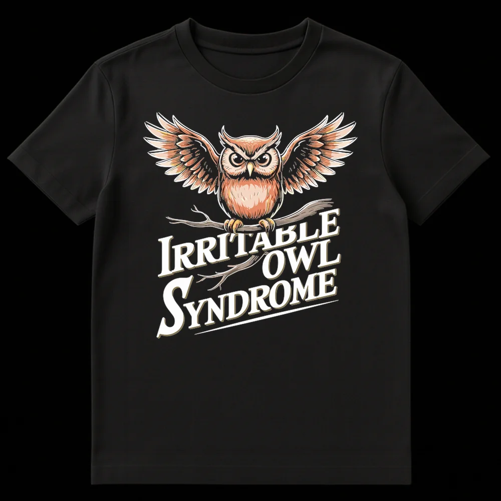 Irritable Owl Syndrome t-shirt with a detailed, vintage-style grumpy owl on a branch and white text with a gold shadow on a black background on Black t-shirt