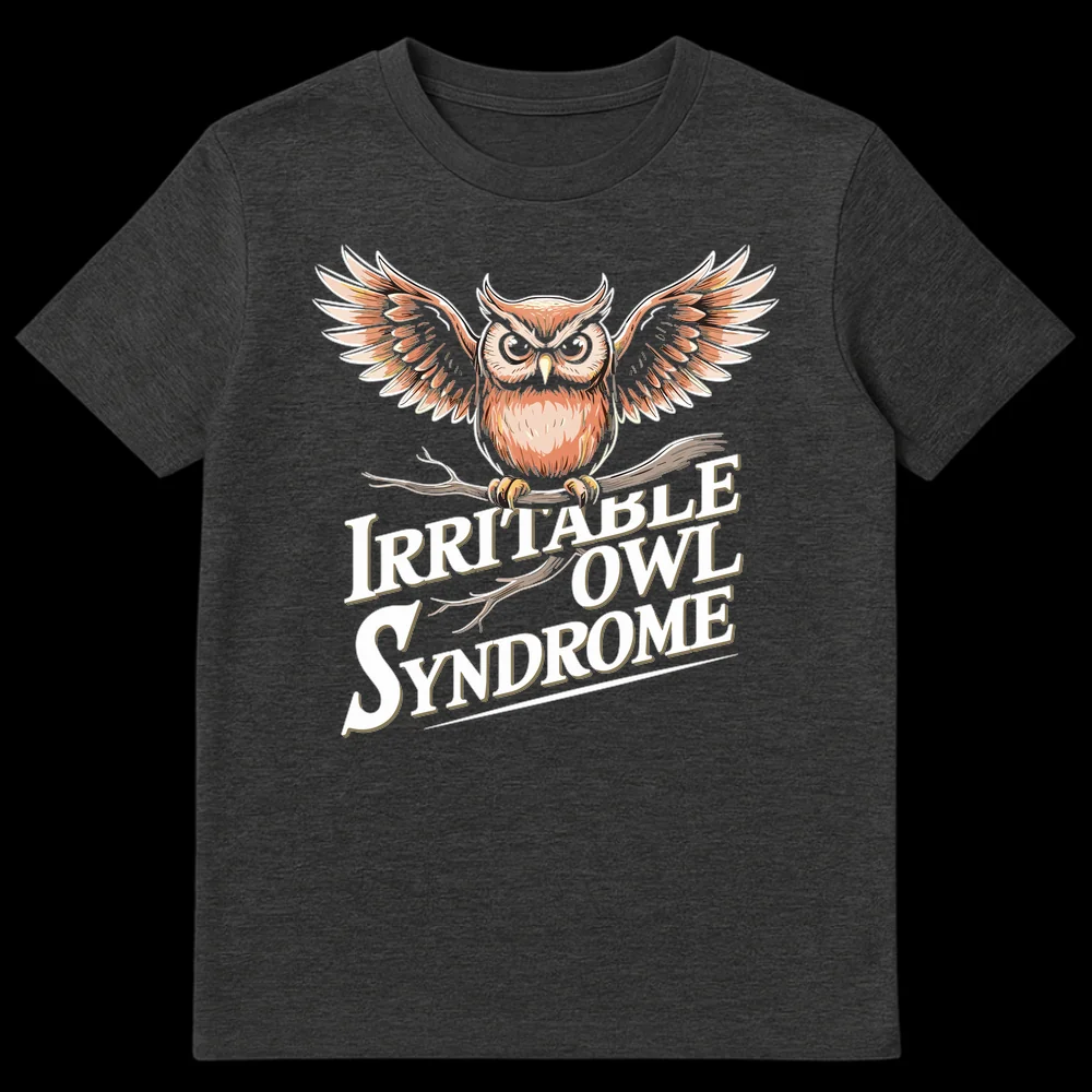 Irritable Owl Syndrome t-shirt with a detailed, vintage-style grumpy owl on a branch and white text with a gold shadow on a black background on Dark Heather t-shirt