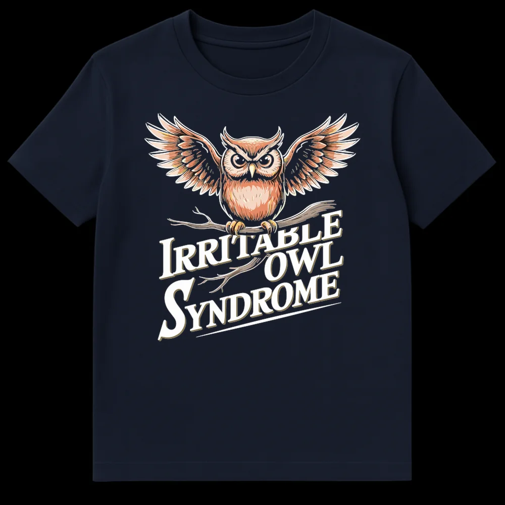 Irritable Owl Syndrome t-shirt with a detailed, vintage-style grumpy owl on a branch and white text with a gold shadow on a black background on Navy Blue t-shirt