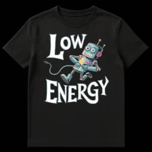Cartoon robot t-shirt with 'LOW ENERGY' text. Robot is holding its own unplugged power cord, depicting a visual pun on fatigue. on Black t-shirt
