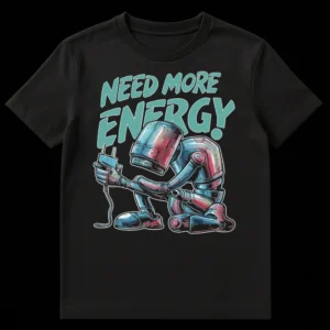 T-shirt with an exhausted robot holding a plug and text 'NEED MORE ENERGY!' in a retro sci-fi art style on Black t-shirt