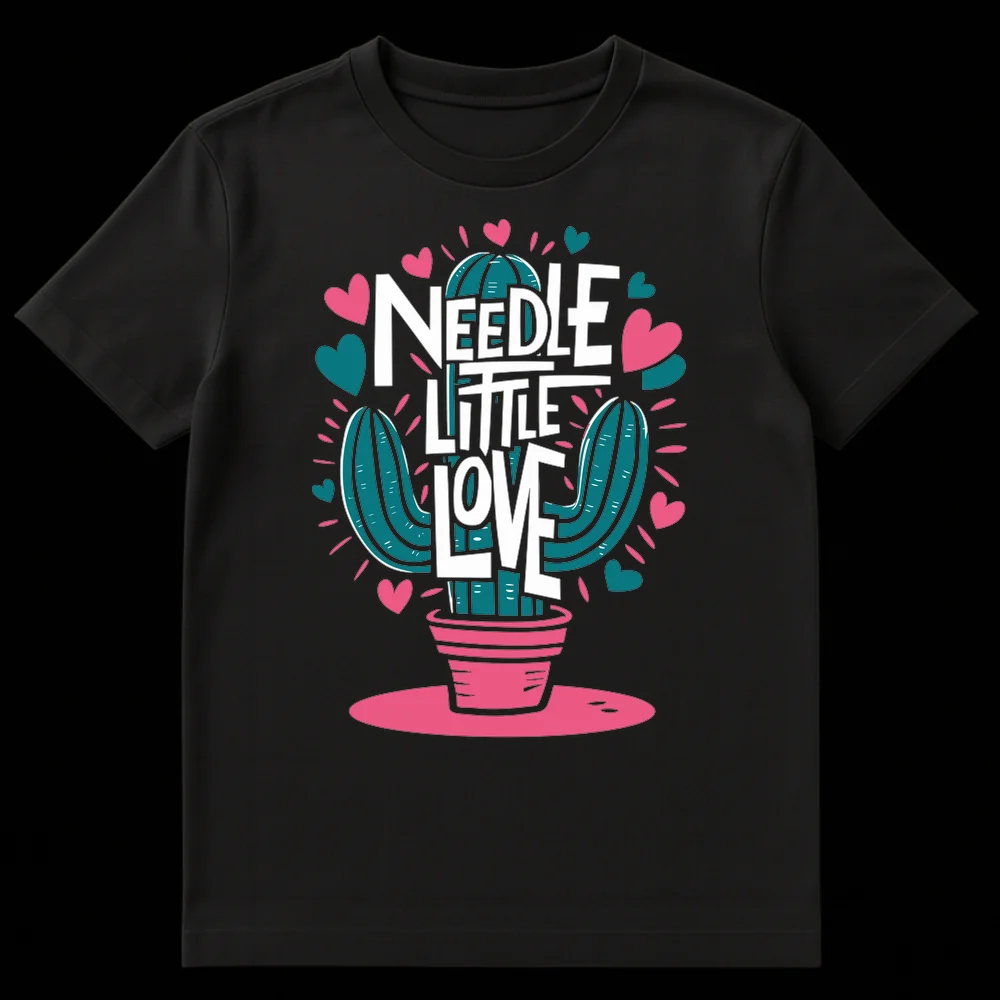 Black t-shirt with a hand-drawn teal cactus in a pink pot, white text 'NEEDLE LITTLE LOVE', surrounded by pink and teal hearts and radiating lines. on Black t-shirt
