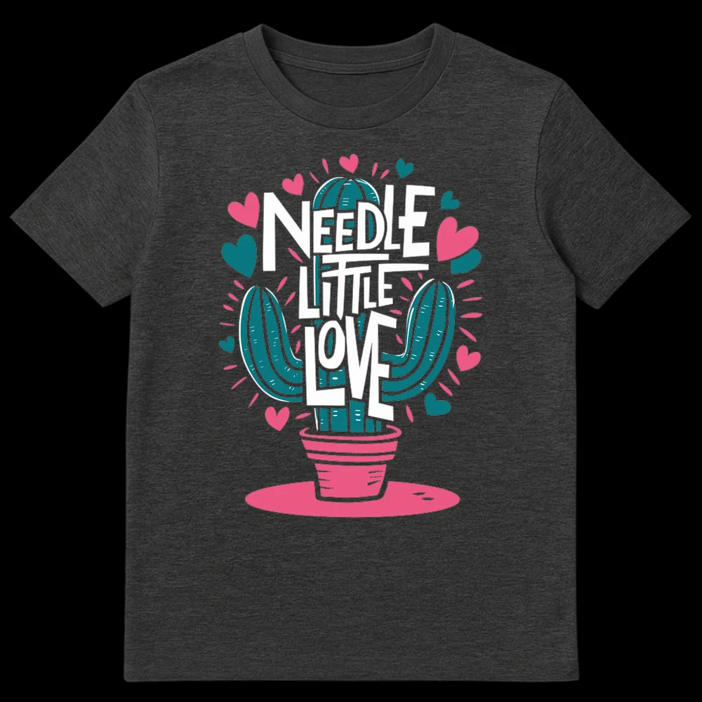Black t-shirt with a hand-drawn teal cactus in a pink pot, white text 'NEEDLE LITTLE LOVE', surrounded by pink and teal hearts and radiating lines. on Dark Heather t-shirt