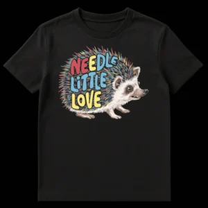 Cute black t-shirt with a colorful illustrated hedgehog and the text 'NEEDLE LITTLE LOVE' in bright red, blue, and yellow on Black t-shirt