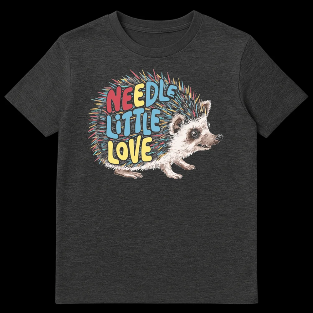Cute black t-shirt with a colorful illustrated hedgehog and the text 'NEEDLE LITTLE LOVE' in bright red, blue, and yellow on Dark Heather t-shirt