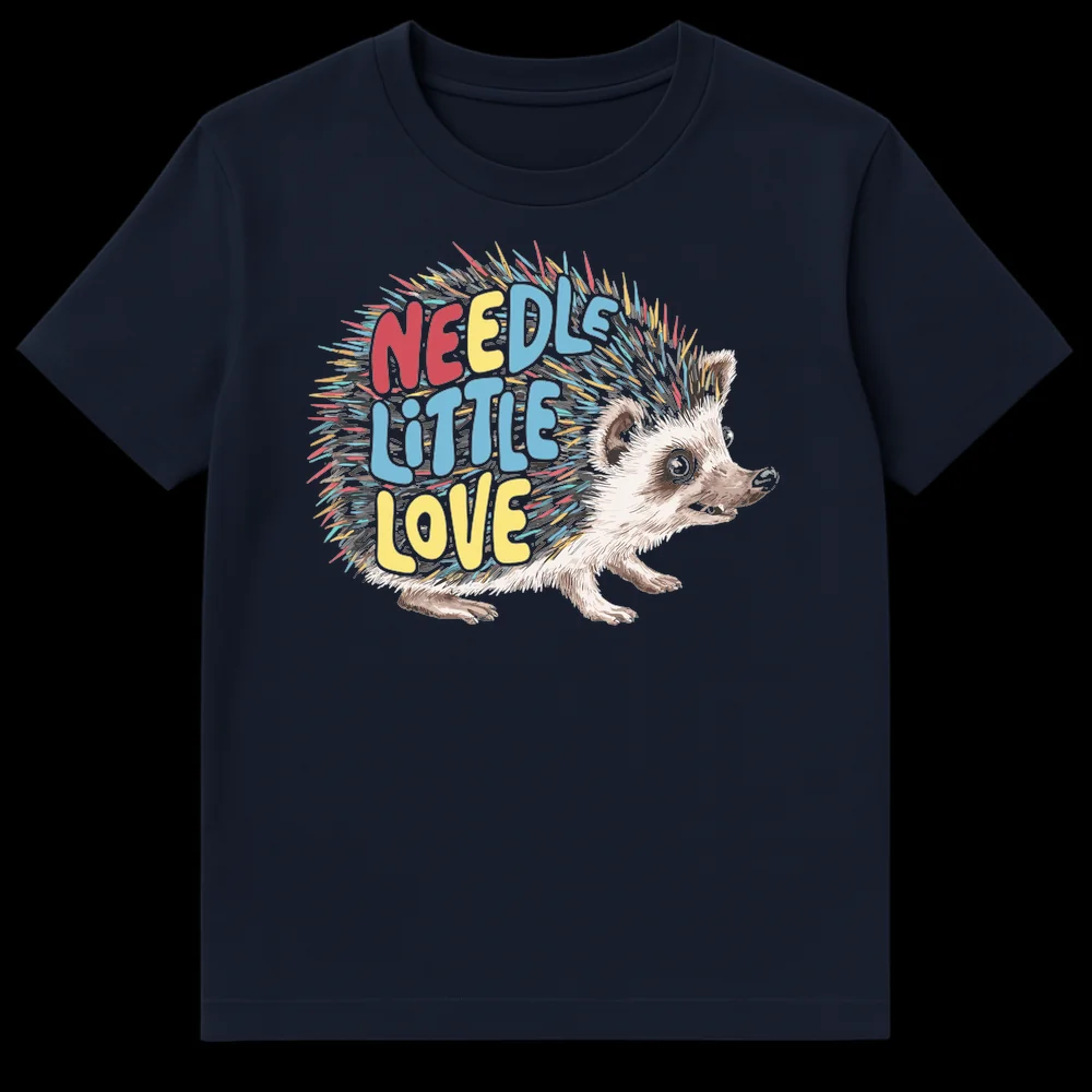 Cute black t-shirt with a colorful illustrated hedgehog and the text 'NEEDLE LITTLE LOVE' in bright red, blue, and yellow on Navy Blue t-shirt