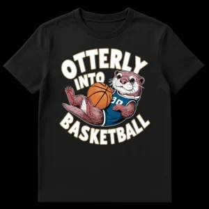 OTTERLY INTO BASKETBALL t-shirt with a cartoon otter wearing a blue jersey and holding a basketball on Black t-shirt