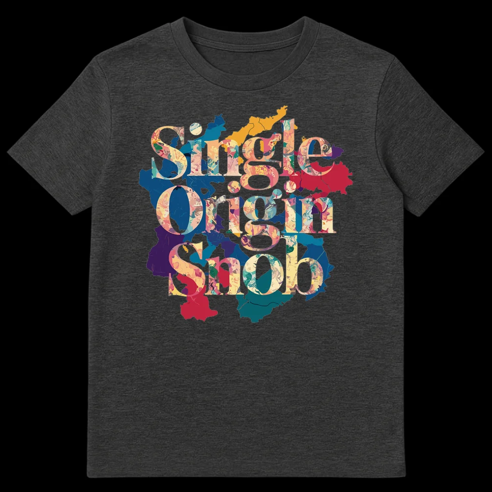 Single Origin Snob t-shirt with abstract liquid-marbled letters in warm tones and map-like background shapes on a black tee on Dark Heather t-shirt