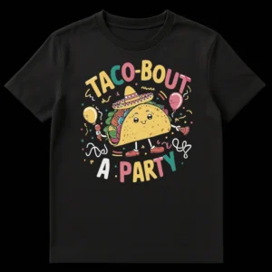 TACO-BOUT A PARTY t-shirt with a cartoon anthropomorphic taco wearing a sombrero, holding a microphone, surrounded by party confetti and balloons on a black background. on Black t-shirt