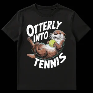 Otterly Into Tennis t-shirt with a cute otter holding a tennis ball on Black t-shirt