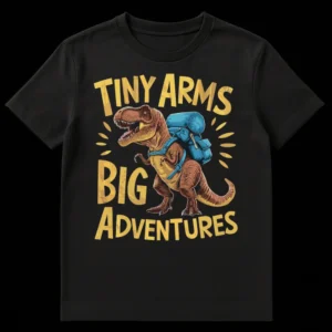 Humorous T-Rex dinosaur wearing a hiking backpack and roaring, with 'Tiny Arms Big Adventures' text, on a black t-shirt. on Black t-shirt