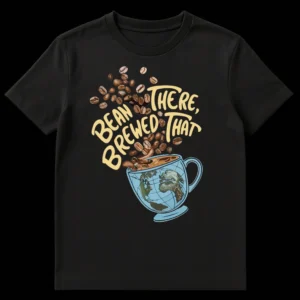 Black t-shirt with 'BEAN THERE, BREWED THAT' text, coffee beans, and a globe-themed coffee mug illustration. on Black t-shirt