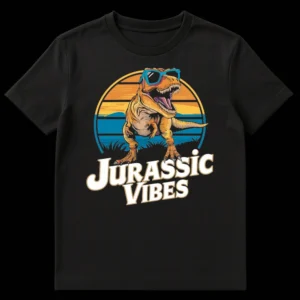 T-Rex wearing sunglasses against a retro sunset with 'JURASSIC VIBES' text on a black t-shirt on Black t-shirt