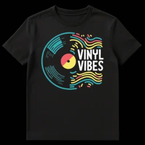 Black t-shirt with 'VINYL VIBES' text and abstract teal, yellow, coral vinyl record and sound wave design for music lovers on Black t-shirt