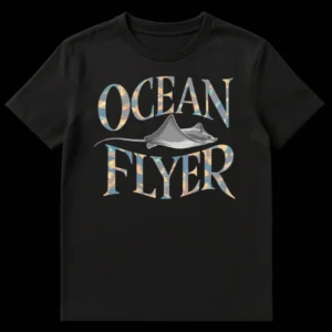 Black t-shirt with 'OCEAN FLYER' text and a large manta ray illustration in the center, highlighting marine life. on Black t-shirt
