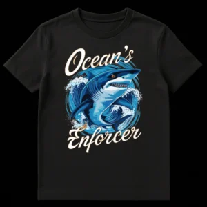 Ocean's Enforcer Great White Shark t-shirt design with dynamic waves and bold text on Black t-shirt