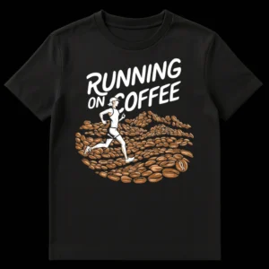 Woman running on coffee beans with 'RUNNING ON COFFEE' text graphic t-shirt design on Black t-shirt