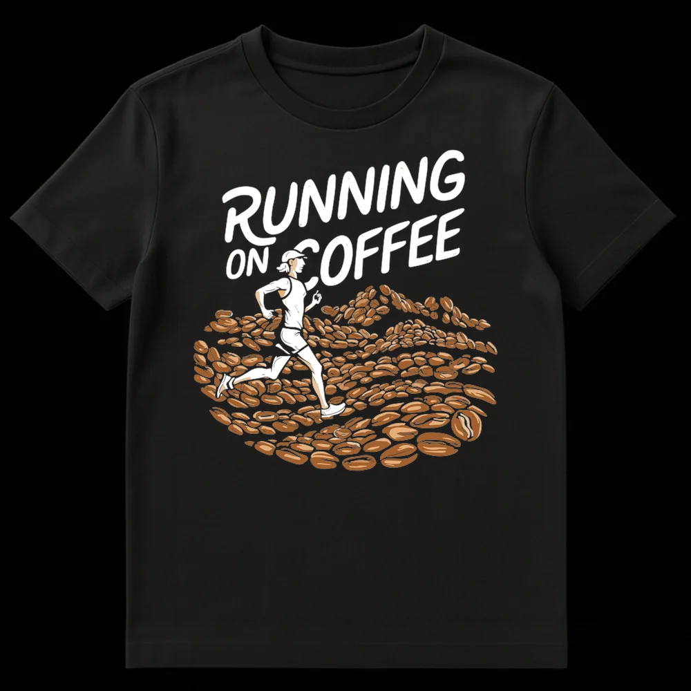 Woman running on coffee beans with 'RUNNING ON COFFEE' text graphic t-shirt design on Black t-shirt