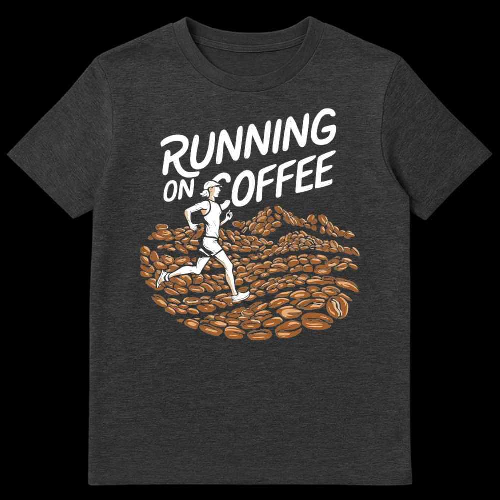 Woman running on coffee beans with 'RUNNING ON COFFEE' text graphic t-shirt design on Dark Heather t-shirt