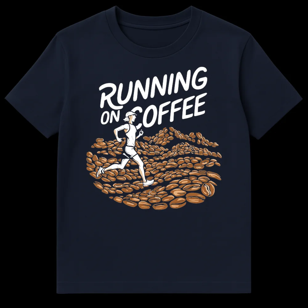 Woman running on coffee beans with 'RUNNING ON COFFEE' text graphic t-shirt design on Navy Blue t-shirt