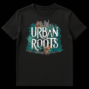 Urban Roots t-shirt design with white text, green foliage, and a grey city skyline on a black background on Black t-shirt