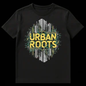 URBAN ROOTS t-shirt design showing yellow text intertwined with green roots and city buildings on black background on Black t-shirt
