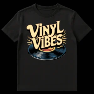 VINYL VIBES retro 70s t-shirt with stylized vinyl record and sunbursts in cream, brown, blue, and yellow on black background on Black t-shirt