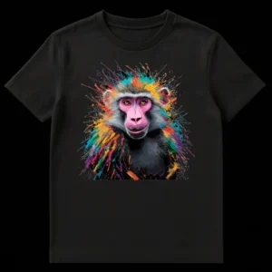 Vibrant t-shirt design featuring a realistic monkey portrait with a pink face and grey fur, surrounded by dynamic, colorful paint splatters in electric blues, hot pinks, oranges, and greens, all on a deep black background. on Black t-shirt