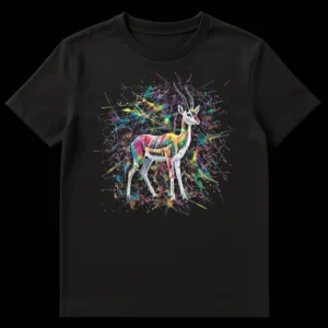 Vibrant abstract paint splatter gazelle t-shirt design with colorful splashes on a black background. on Black t-shirt