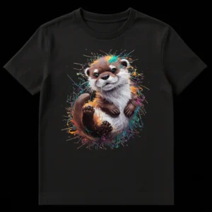 Cute Otter Splash Art T-Shirt with colorful paint splatters on a black background on Black t-shirt
