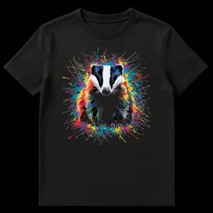 Dynamic Badger Splash T-Shirt with colorful paint splatters on Black t-shirt