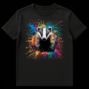Vibrant Badger Art T-Shirt featuring a semi-realistic badger with colorful paint splatters on a black background on Black t-shirt
